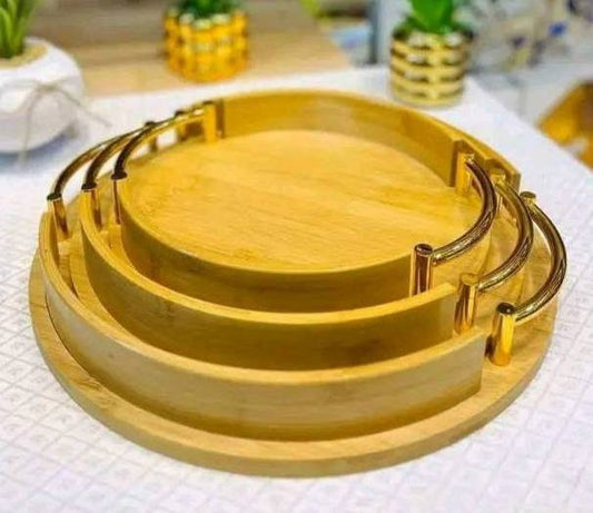 طقم صواني خشب بامبو بإطار استيل ذهبي – 3 مقاسات مستورد