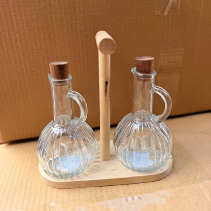 طقم زجاجات زيوت بيركس 2 قطعة مع حامل خشب بامبو أنيق