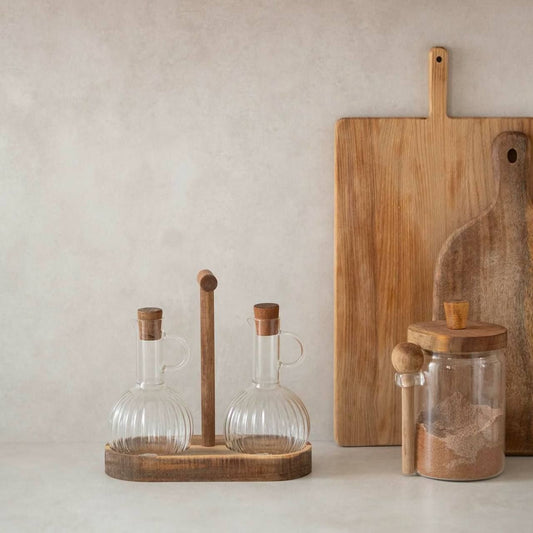 طقم زجاجات زيوت بيركس 2 قطعة مع حامل خشب بامبو أنيق