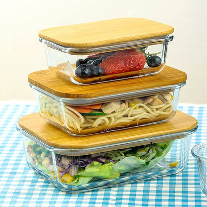 طقم طواجن بايركس حراري 3 قطع بغطاء خشب بامبو | علب فرن وتخزين طعام مقاومة للحرارة والبرودة