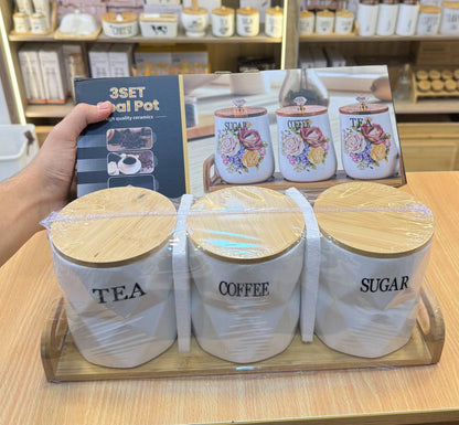 طقم كوفي بورسلين 3 قطع بغطاء خشب محكم + ستاند خشب أنيق 🇨🇳 مستورد بجودة عالية