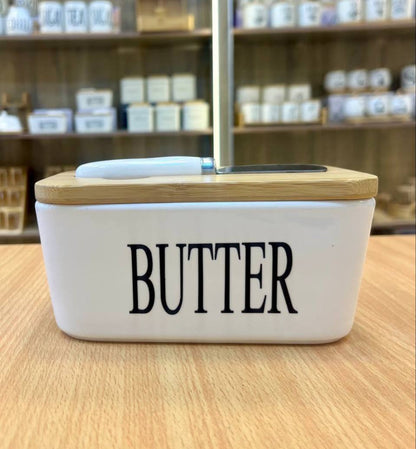 حافظة زبدة بورسلين بغطاء خشب بامبو – حجم كبير وتصميم مستورد فاخر 💎