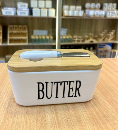 حافظة زبدة بورسلين بغطاء خشب بامبو – حجم كبير وتصميم مستورد فاخر 💎