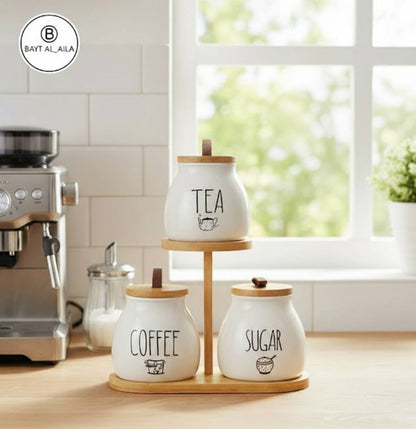 طقم شاي وسكر وقهوة بورسلين هرمي الشكل بحامل خشب بامبو – سعة 500 مللي للقطعة | تصميم مستورد فاخر 💯