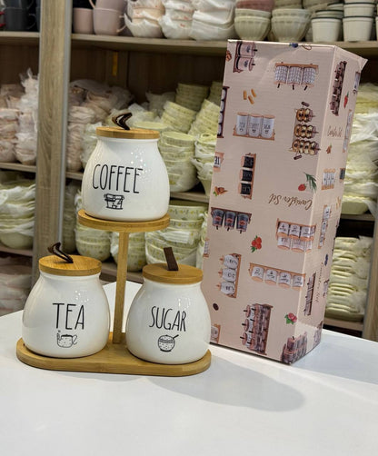 طقم شاي وسكر وقهوة بورسلين هرمي الشكل بحامل خشب بامبو – سعة 500 مللي للقطعة | تصميم مستورد فاخر 💯