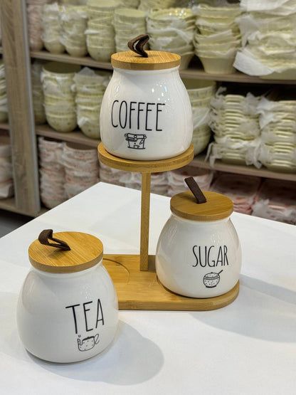 طقم شاي وسكر وقهوة بورسلين هرمي الشكل بحامل خشب بامبو – سعة 500 مللي للقطعة | تصميم مستورد فاخر 💯