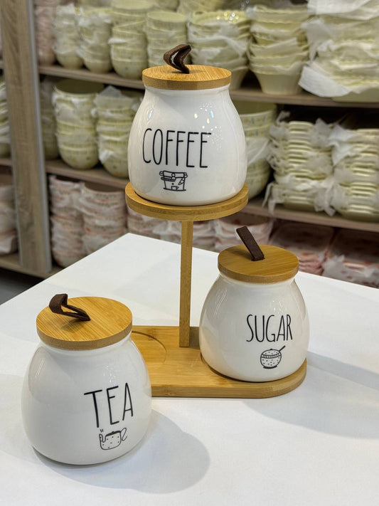 طقم شاي وسكر وقهوة بورسلين هرمي الشكل بحامل خشب بامبو – سعة 500 مللي للقطعة | تصميم مستورد فاخر 💯