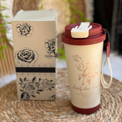 مج حراري ورد مستورد 💎 | سعة 600 مل | ستانلس ستيل مزدوج العزل بفوهتين للشرب