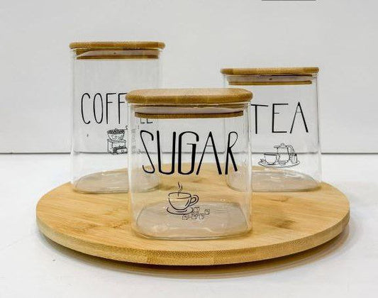 طقم كوفي بايركس بغطاء خشب بامبو | 3 برطمانات Coffee – Tea – Sugar بتصميم مربع أنيق