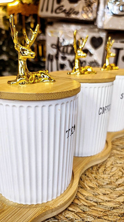 طقم برطمان كوفي بورسلين 3 قطع بحامل خشب – سعة 750 مل