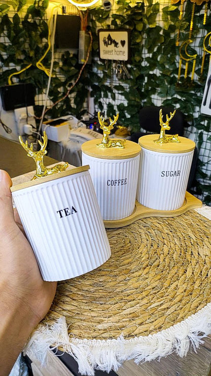 طقم برطمان كوفي بورسلين 3 قطع بحامل خشب – سعة 750 مل