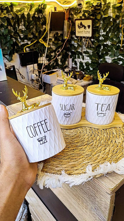 طقم برطمان كوفي بورسلين 3 قطع بحامل خشب – سعة 750 مل