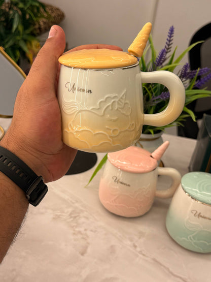 مج بورسلين يونيكورن بغطاء ومعلقة | سعة 400 مل