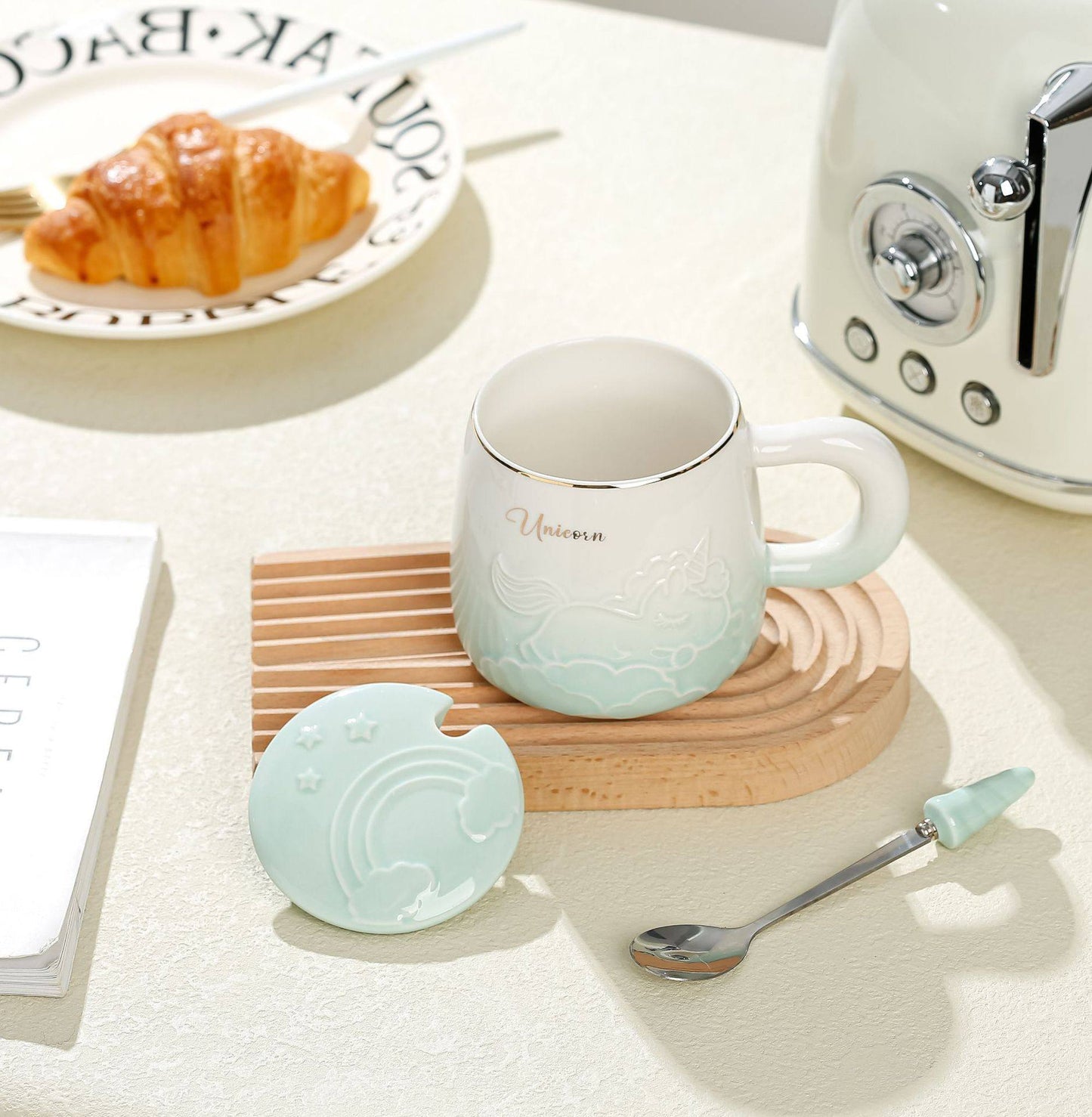 مج بورسلين يونيكورن بغطاء ومعلقة | سعة 400 مل