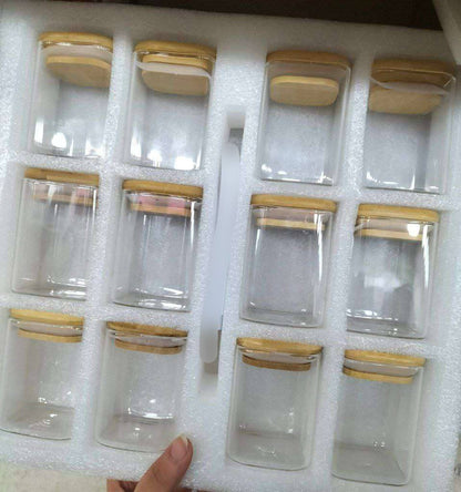 طقم برطمان توابل زجاج مربع 12 قطعة 200 ملي بغطاء خشبي محكم