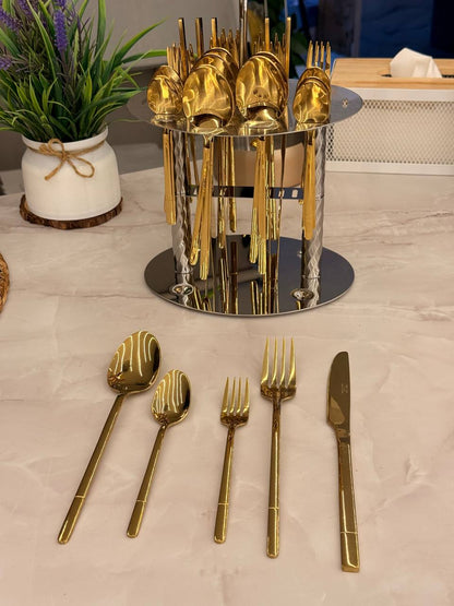 طقم معالق تقديم وضيافة 30 قطعة على استاند – ستانلس ستيل 18/8 مستورد