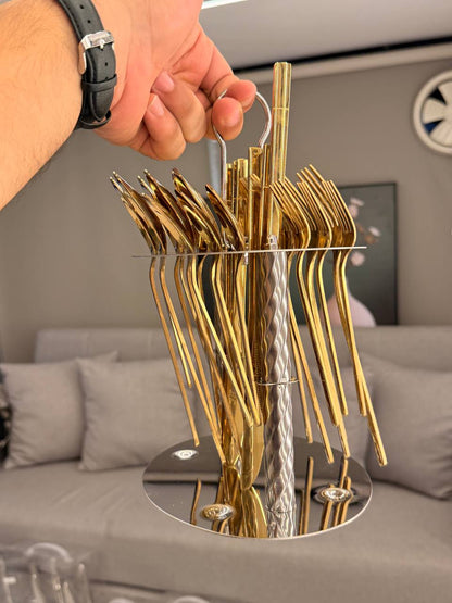 طقم معالق تقديم وضيافة 30 قطعة على استاند – ستانلس ستيل 18/8 مستورد