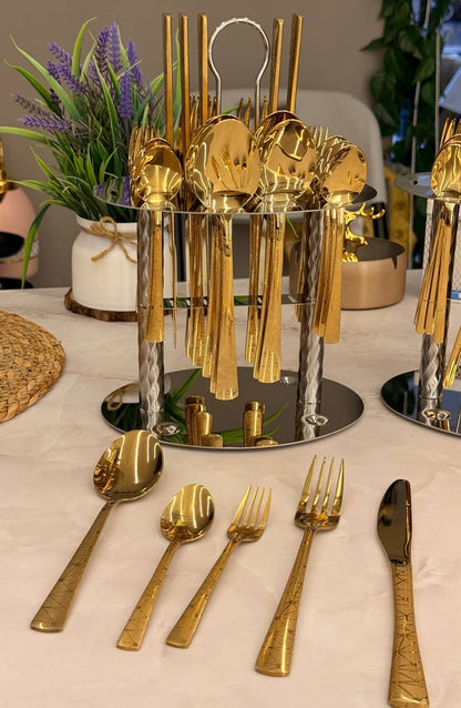 طقم معالق تقديم وضيافة 30 قطعة على استاند – ستانلس ستيل 18/8 مستورد