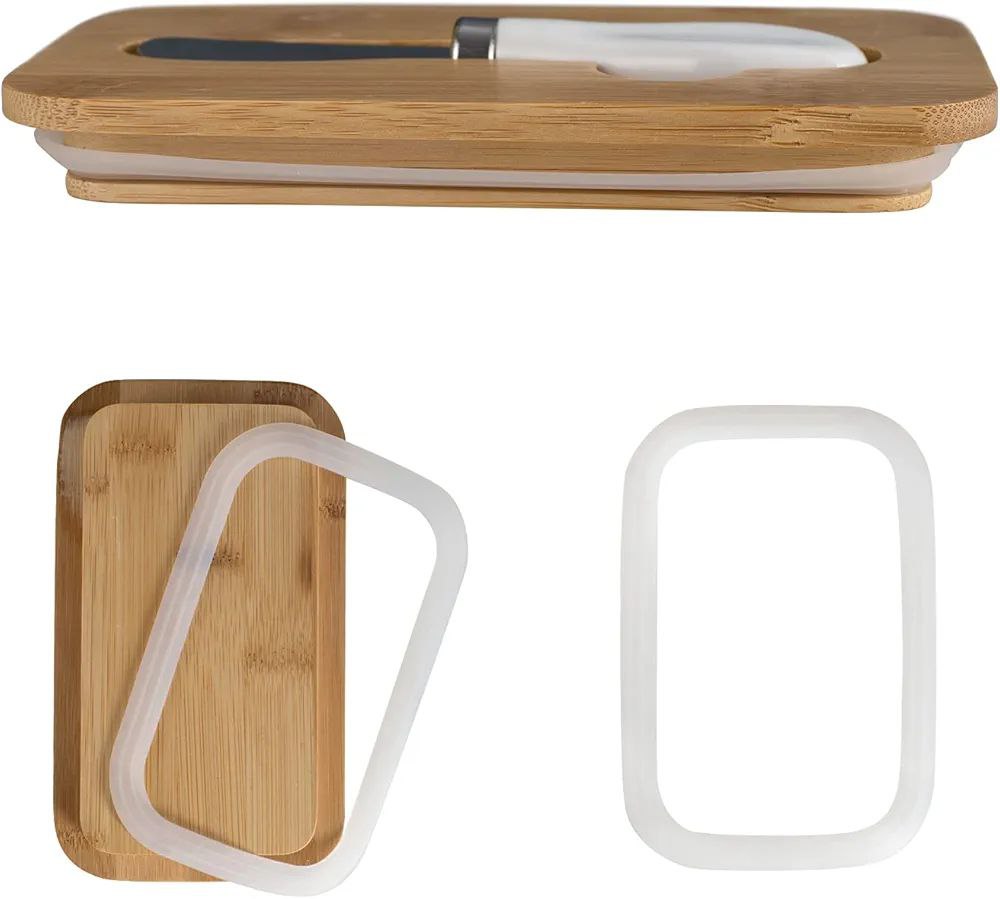 حافظة زبدة بورسلين بغطاء خشب بامبو – حجم كبير وتصميم مستورد فاخر 💎