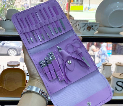 طقم باديكير ومانيكير 16 قطعة في محفظة جلد للعناية بالأظافر