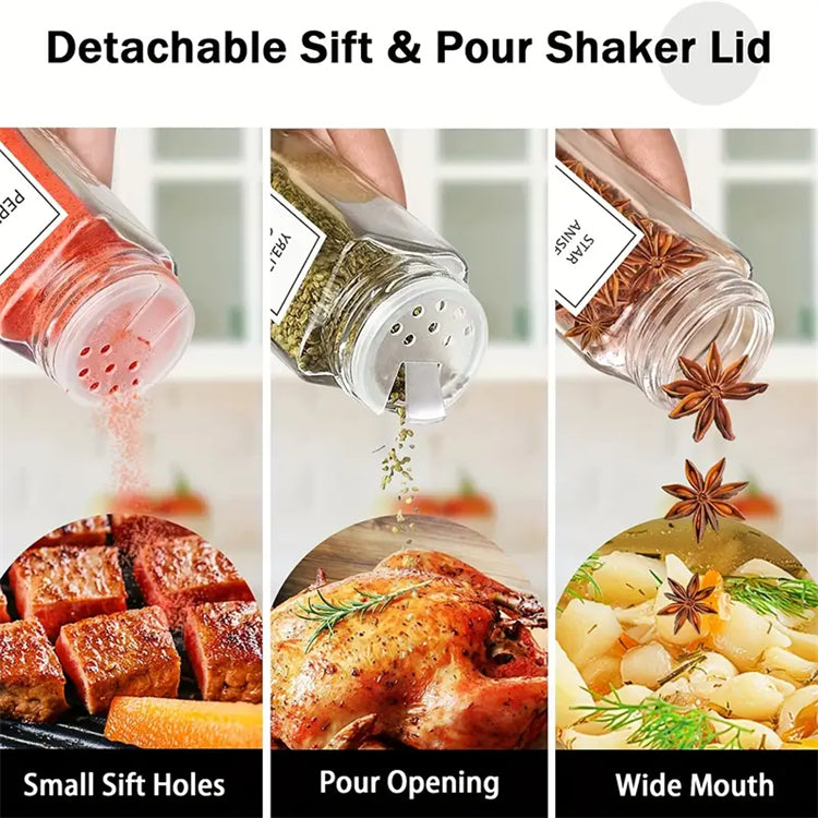 مجموعة برطمانات توابل زجاجية من ميلا هوم، مع أغطية خشب البامبو محكمة الغلق ، منظم للتوابل، مع أغطية رشاشة، وقمع، وفرشاة، وقلم تحديد، سعة 200مل، تأتي 12 قطعه و 24 قطعه قطعة