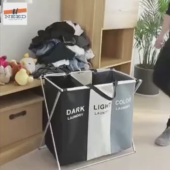 باسكت غسيل مقسم 3 خانات بخامة قوية وقوائم معدن – المقاس الكبير